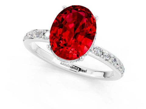 White gold Oval Cut Ruby Solitaire Ring with Pavé Band and Hidden Halo_13