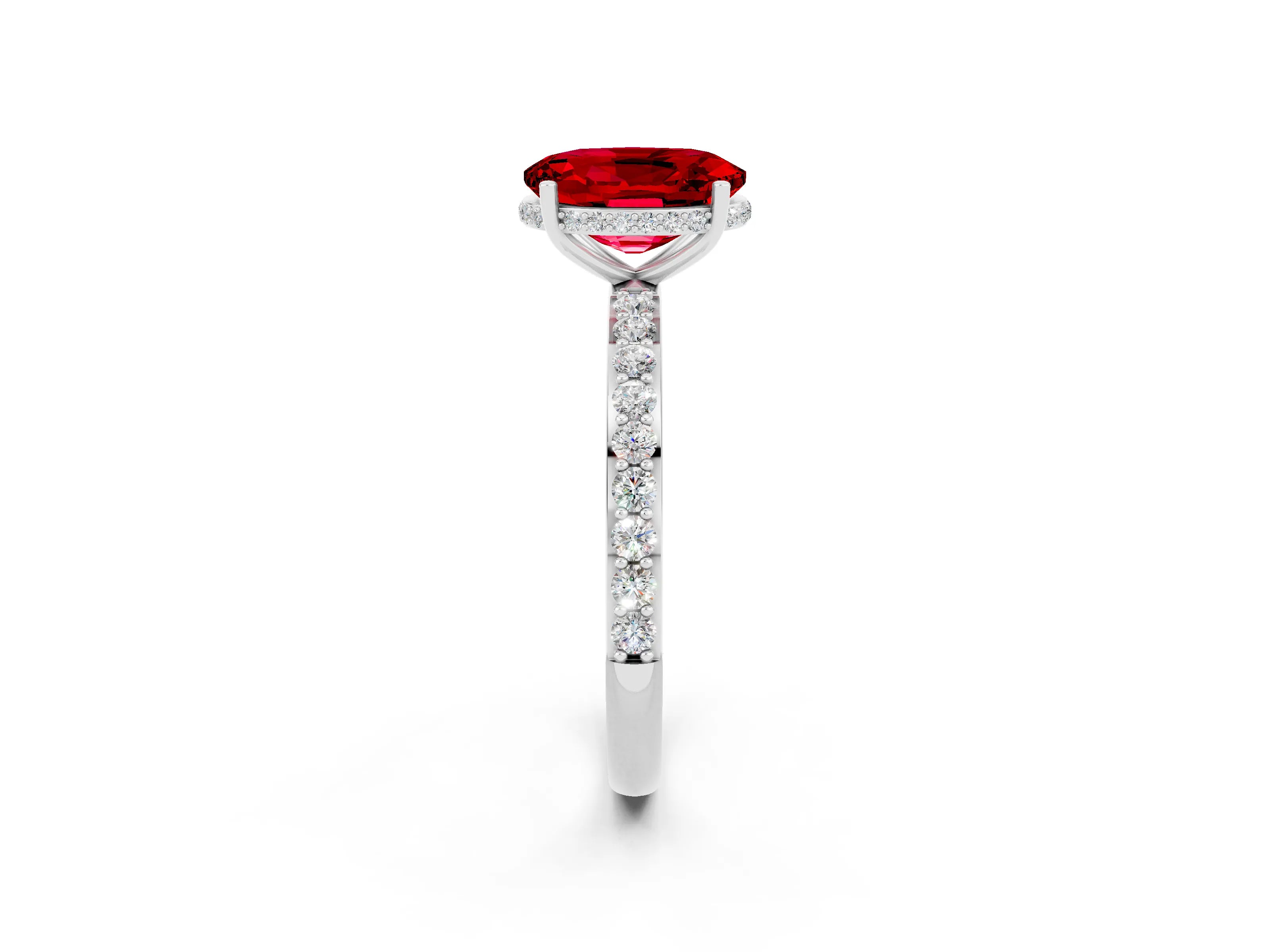 White gold Oval Cut Ruby Solitaire Ring with Pavé Band and Hidden Halo_14