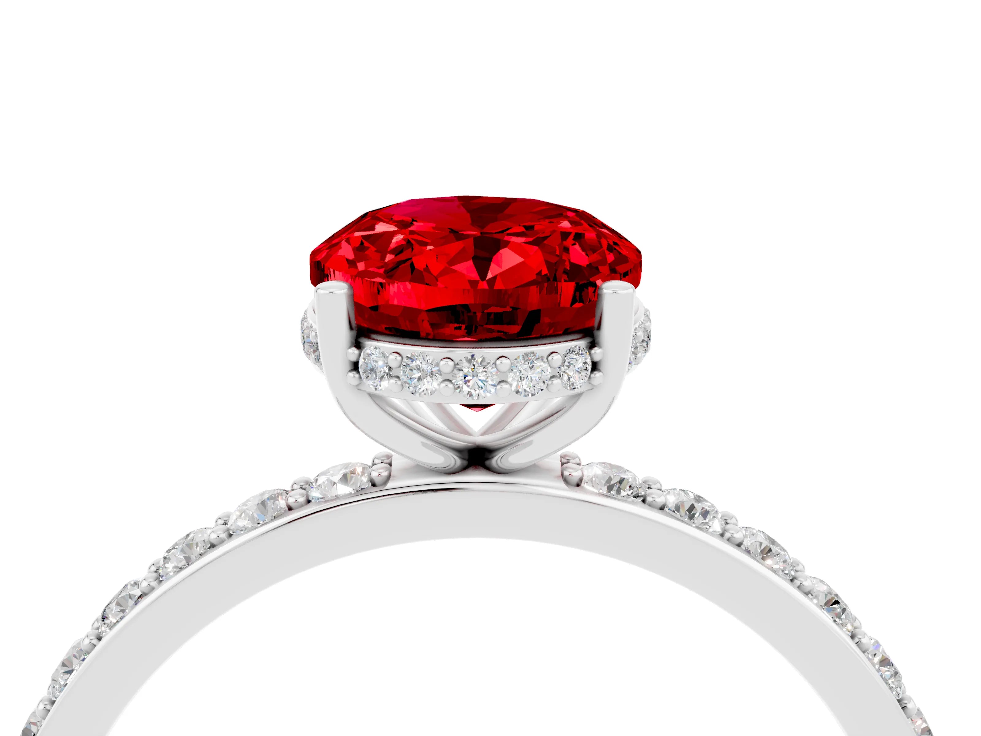 White gold Oval Cut Ruby Solitaire Ring with Pavé Band and Hidden Halo_16