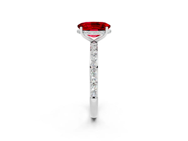 White gold Oval Cut Ruby Solitaire Ring with Pavé Band and Hidden Halo
