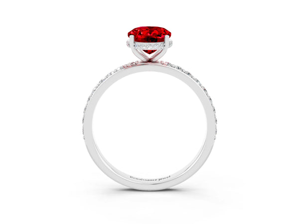 White gold Oval Cut Ruby Solitaire Ring with Pavé Band and Hidden Halo