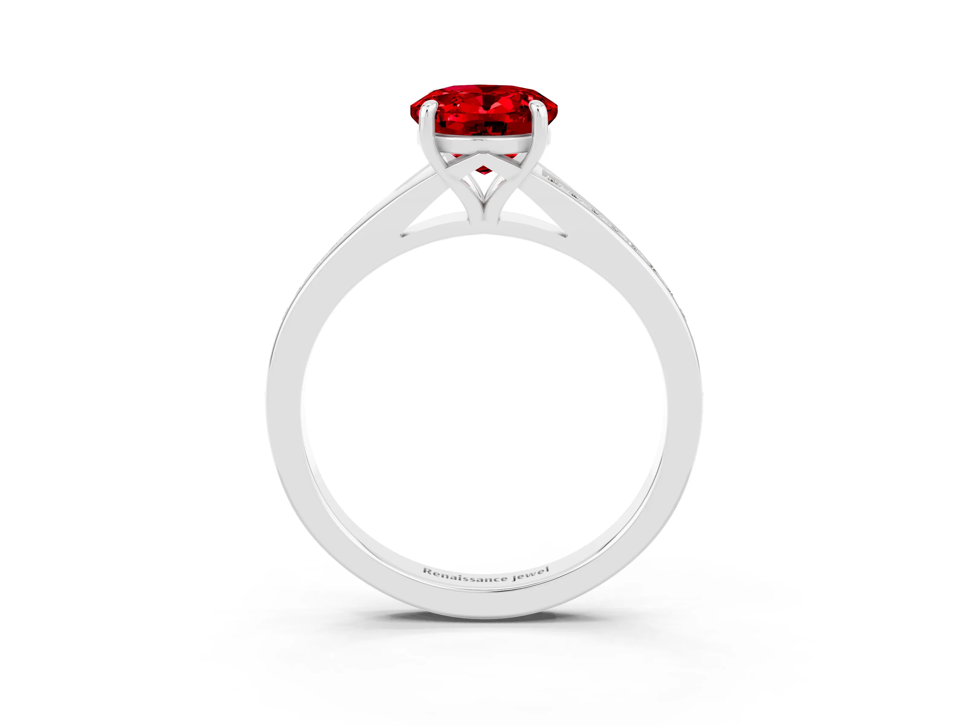 White gold Oval Cut Ruby Solitaire Ring with Pavé Band and Prong Setting_15