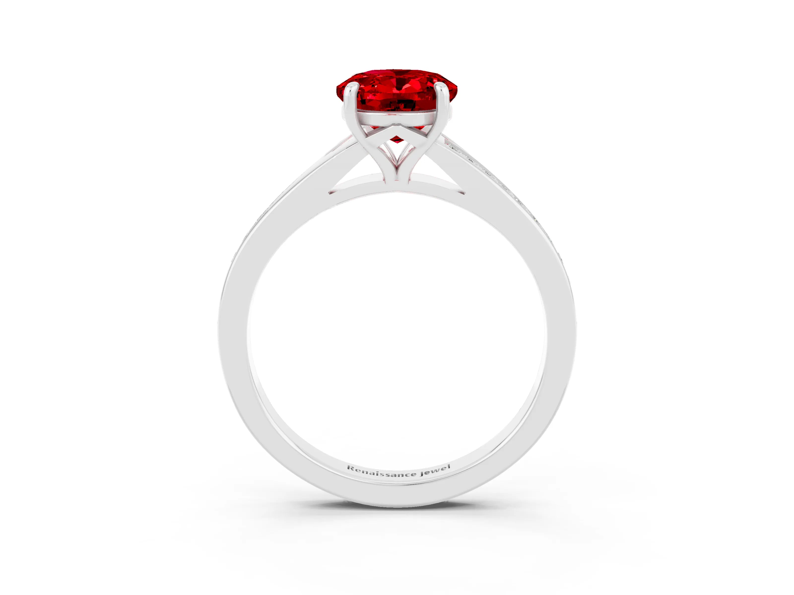 White gold Oval Cut Ruby Solitaire Ring with Pavé Band and Prong Setting_3