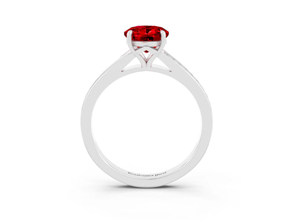 Platinum Oval Cut Ruby Solitaire Ring with Pavé Band and Prong Setting
