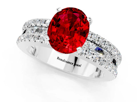 White gold Oval Cut Ruby Solitaire Ring with Pavé and Channel Set Band_1