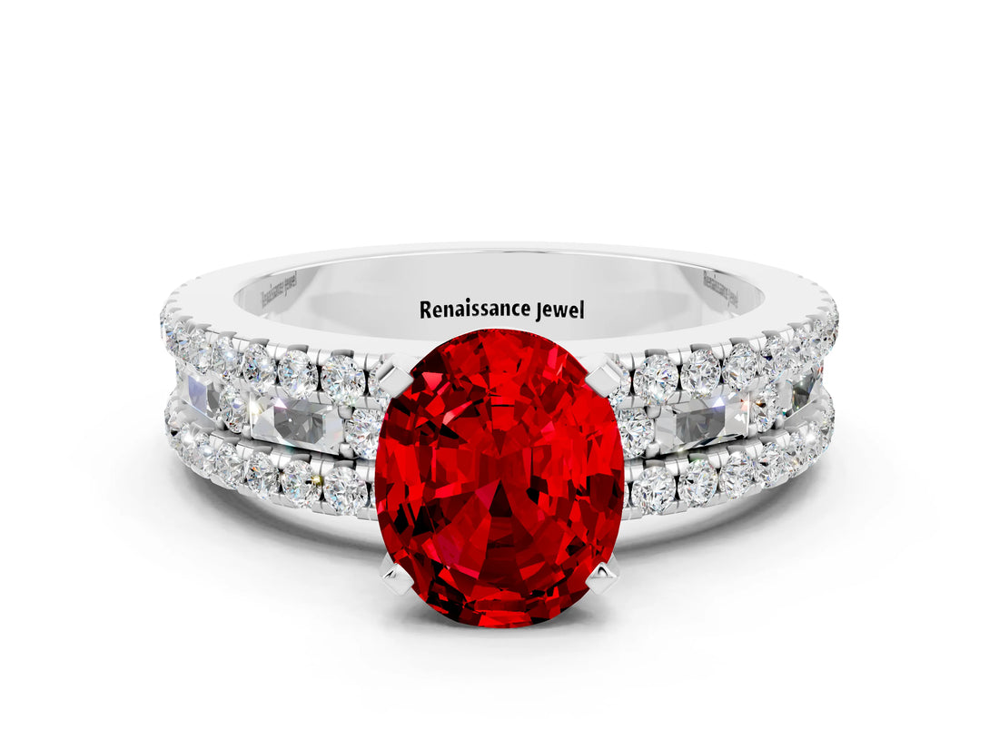 White gold Oval Cut Ruby Solitaire Ring with Pavé and Channel Set Band