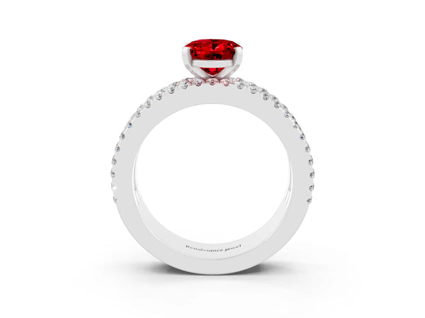 Silver Oval Cut Ruby Solitaire Ring with Pavé and Channel Set Band