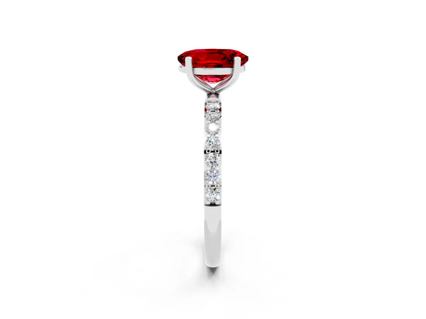 White gold Oval Cut Ruby Solitaire Ring with Round  Pavé Band and Prong Setting