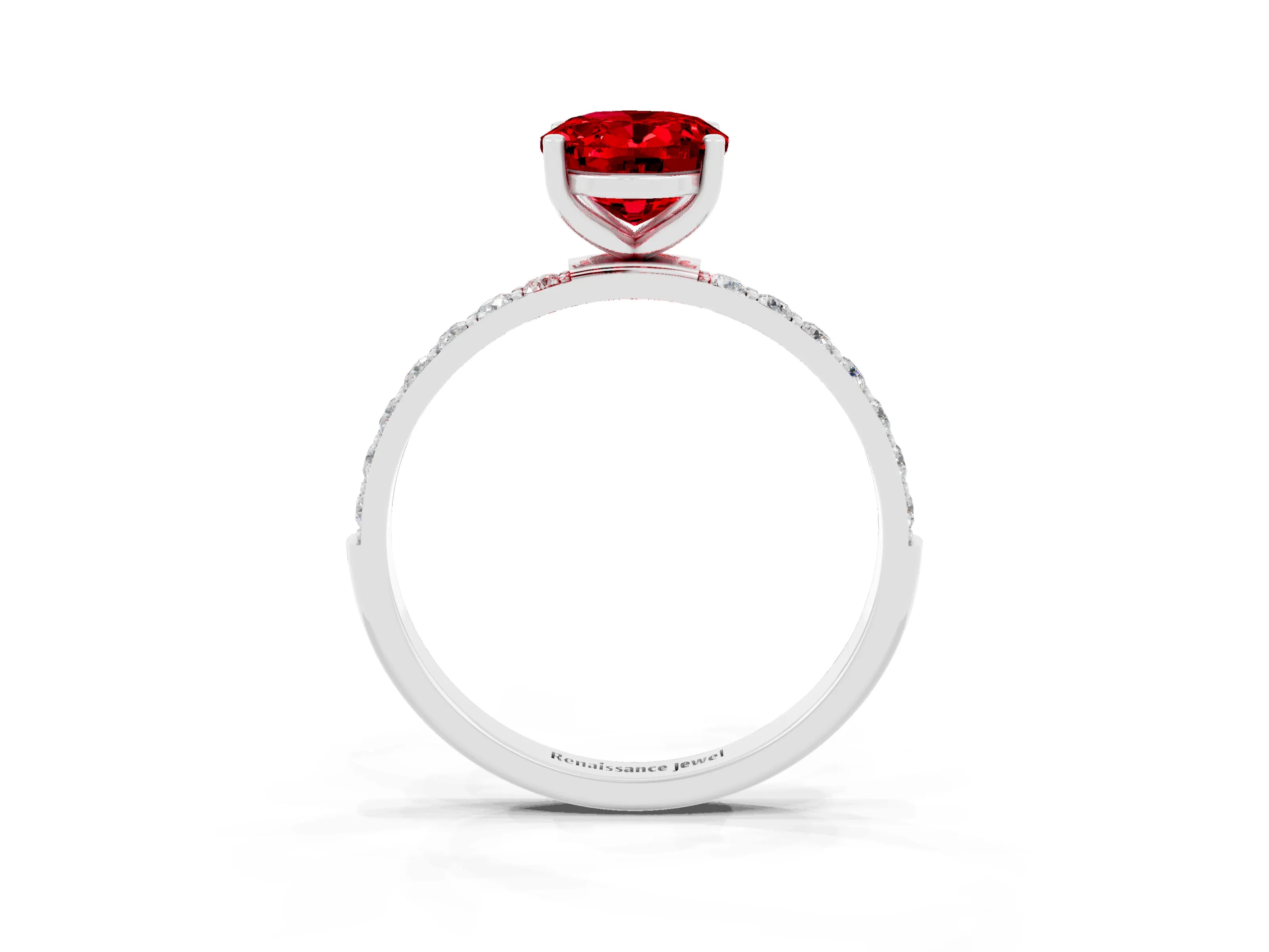 White gold Oval Cut Ruby Solitaire Ring with Pave Band and Four Prong Setting_45