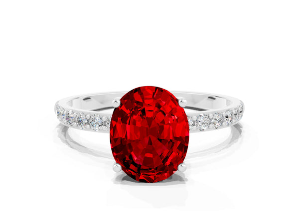 Platinum Oval Cut Ruby Solitaire Ring with Round  Pavé Band and Prong Setting