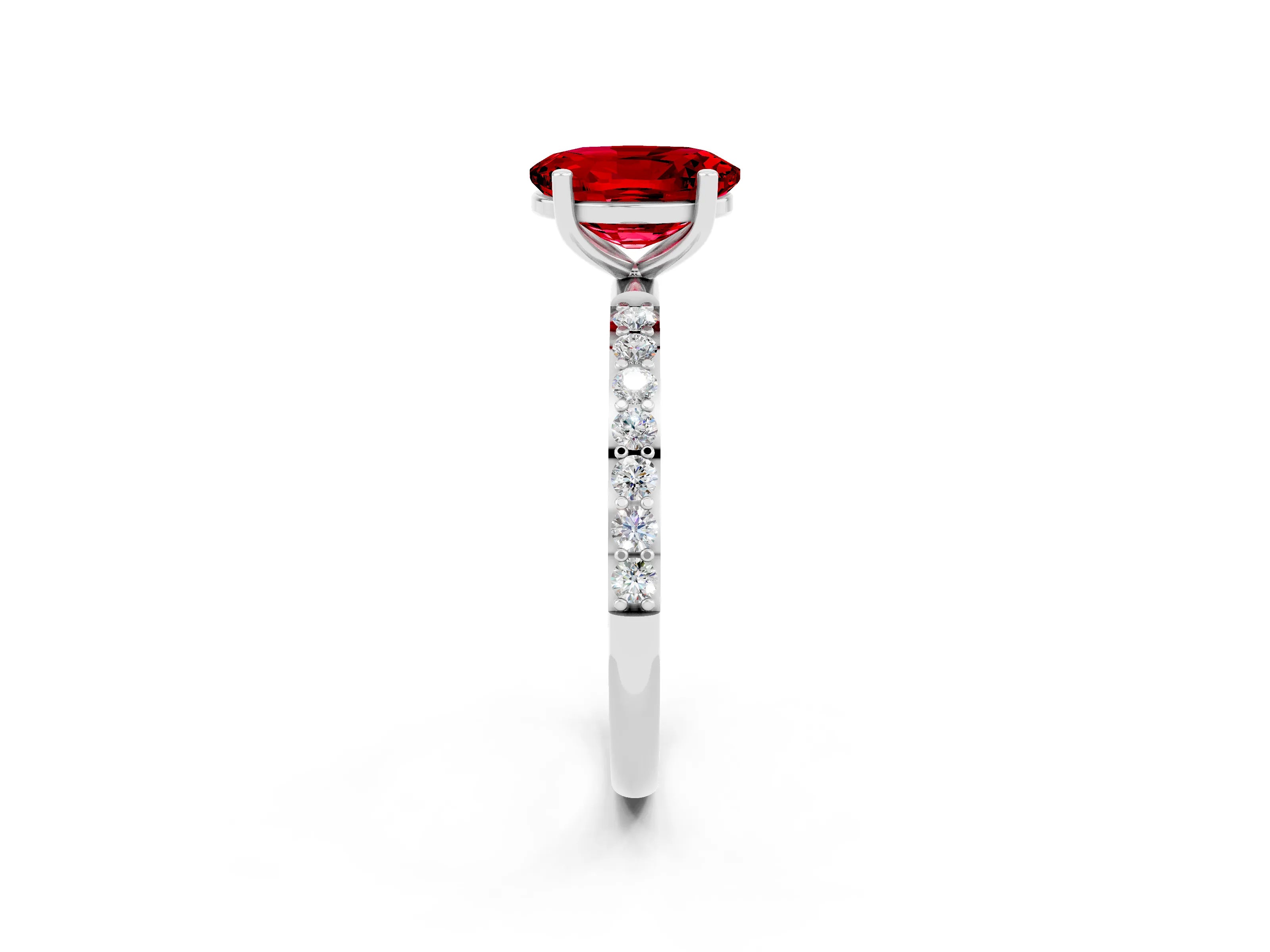 White gold Oval Cut Ruby Solitaire Ring with Pave Band and Four Prong Setting_50