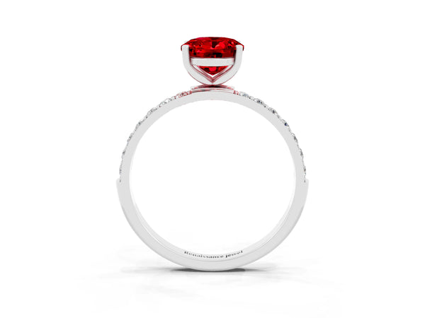 Platinum Oval Cut Ruby Solitaire Ring with Round  Pavé Band and Prong Setting