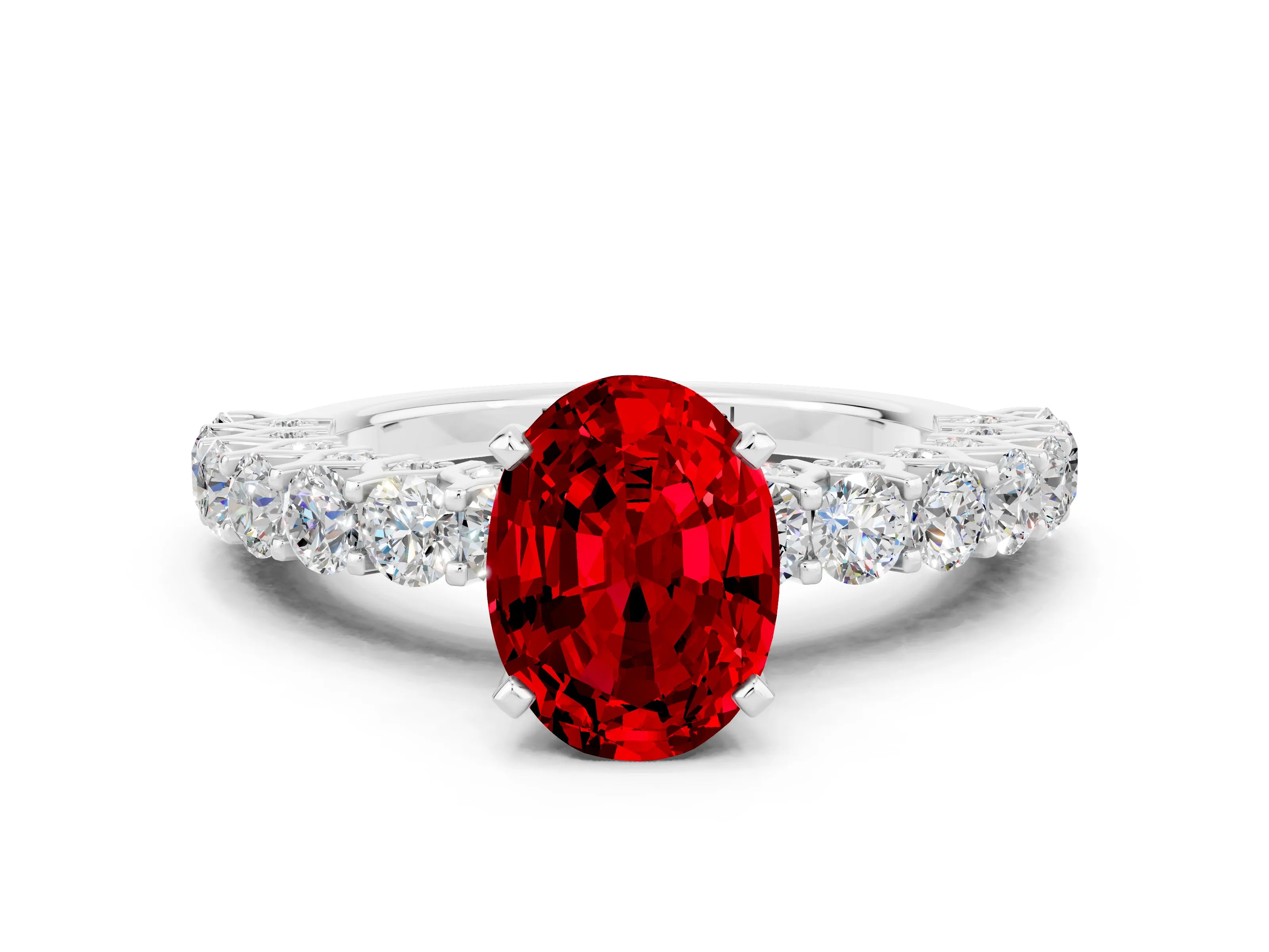 White gold Oval Cut Ruby Solitaire Ring with Shared Prong Pavé Band and Four-Prong Setting