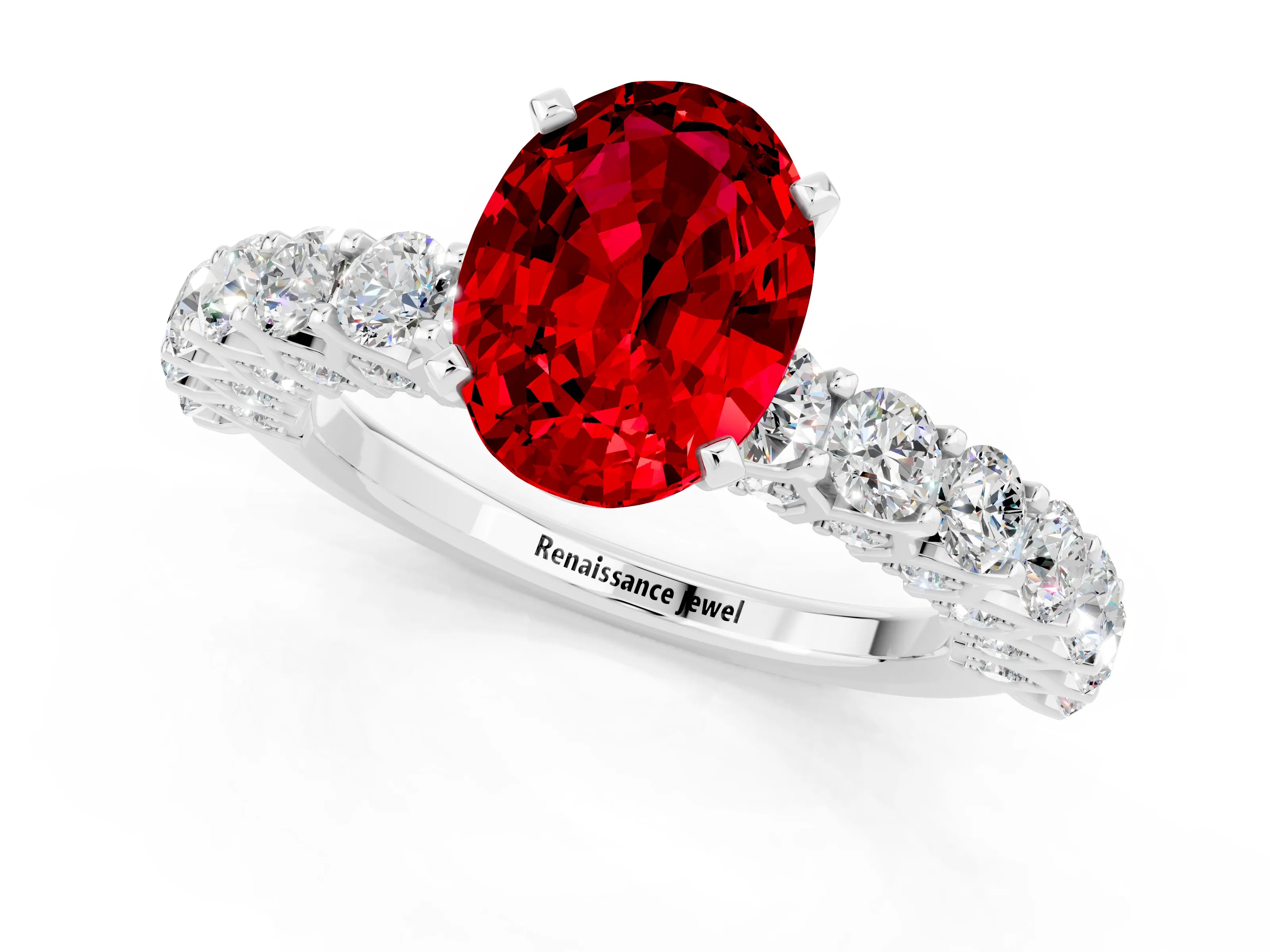 White gold Oval Cut Ruby Solitaire Ring with Shared Prong Pavé Band and Four-Prong Setting_1