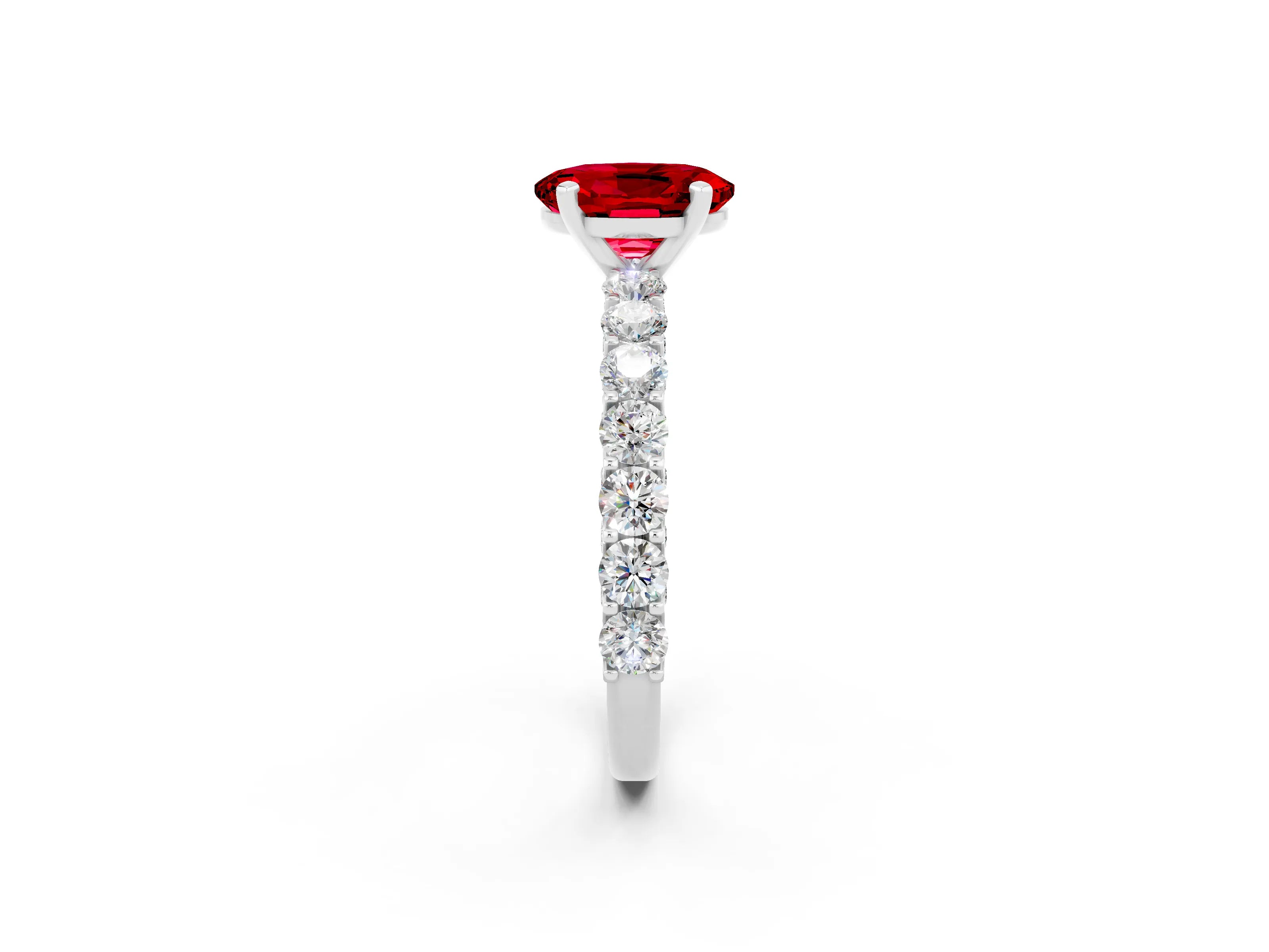 White gold Oval Cut Ruby Solitaire Ring with Shared Prong Pavé Band and Four-Prong Setting_2