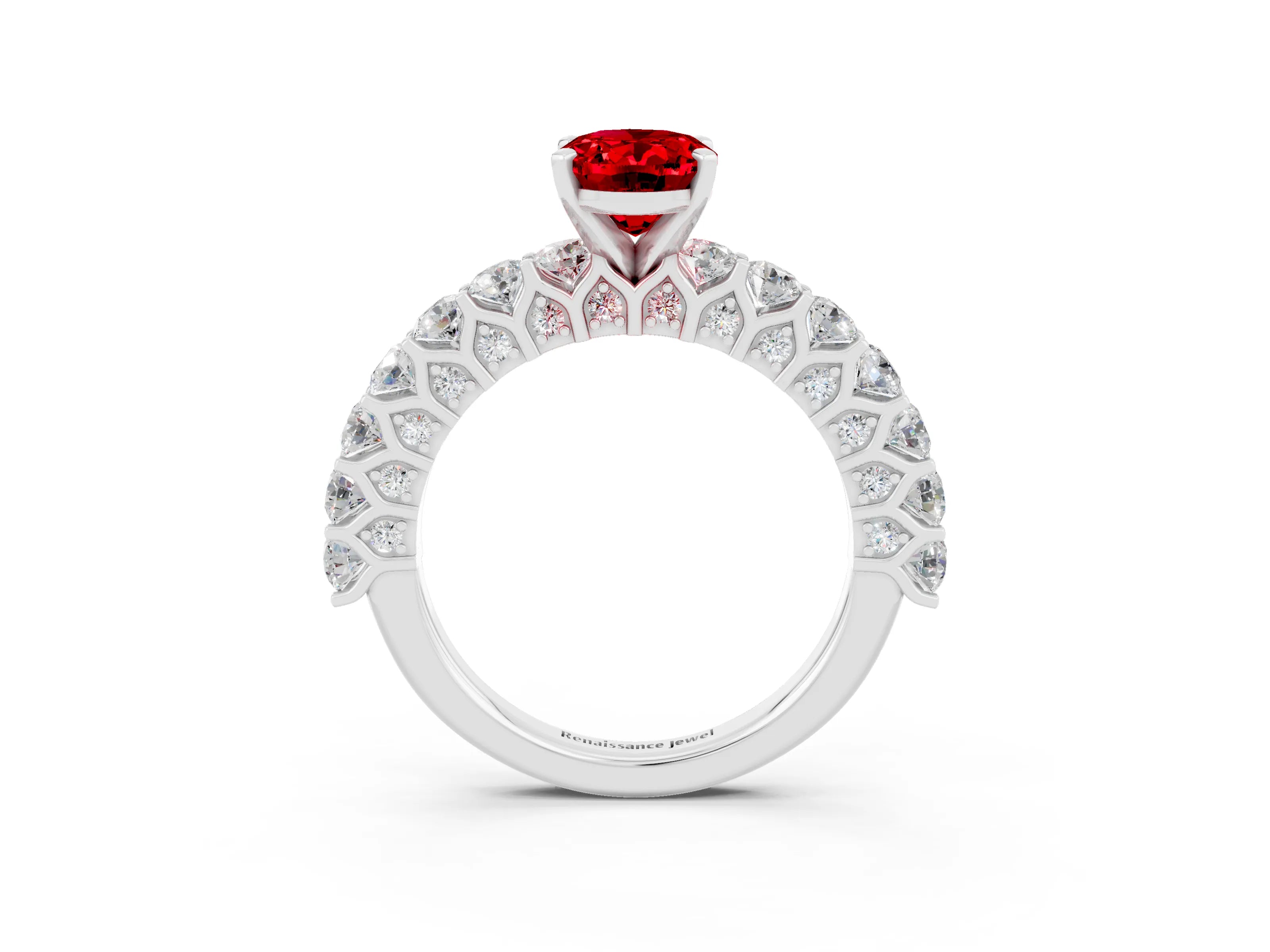White gold Oval Cut Ruby Solitaire Ring with Shared Prong Pavé Band and Four-Prong Setting_3