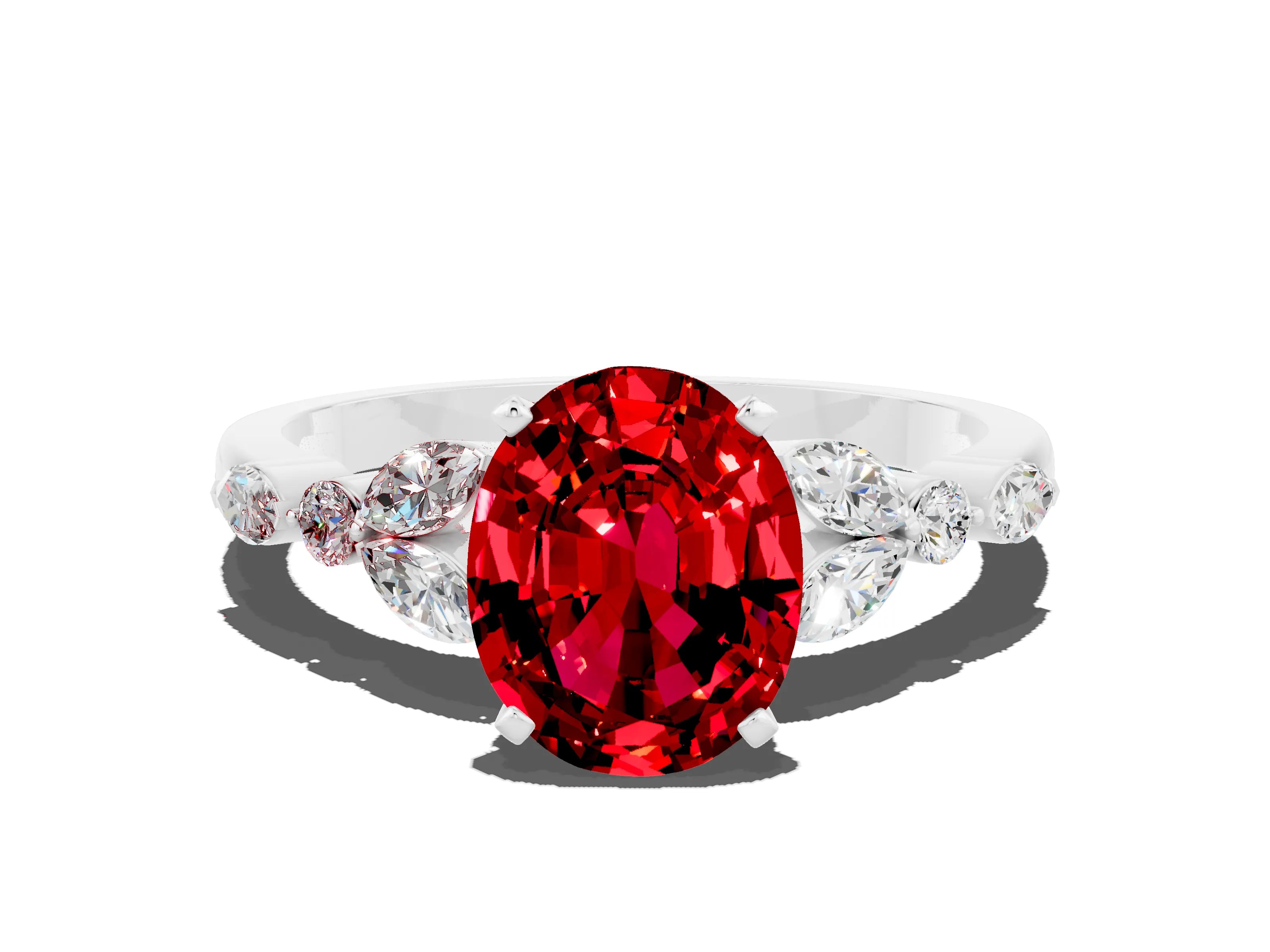 White gold Oval Cut Ruby Solitaire Ring with Side Stones and Four-Prong Setting_36