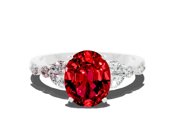Platinum Oval Cut Ruby Solitaire Ring with Side Stones and Four-Prong Setting