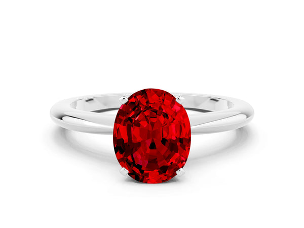 Silver Oval Cut Ruby Solitaire Ring with Six-Prong Setting and Classic Band