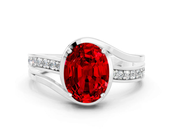 Platinum Oval Cut Ruby Solitaire Ring with Split Shank and Prong Setting