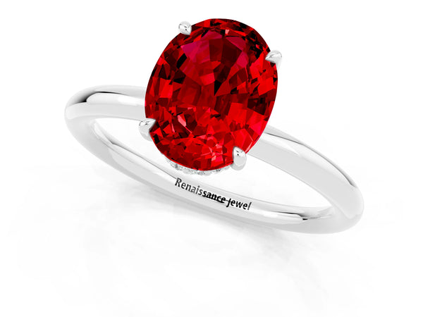 Platinum Oval Cut Ruby Solitaire Ring with Thin Band and Four-Prong Setting