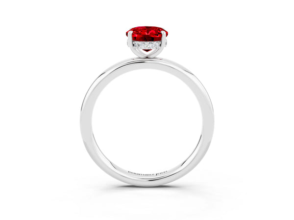 White gold Oval Cut Ruby Solitaire Ring with Thin Band and Four-Prong Setting