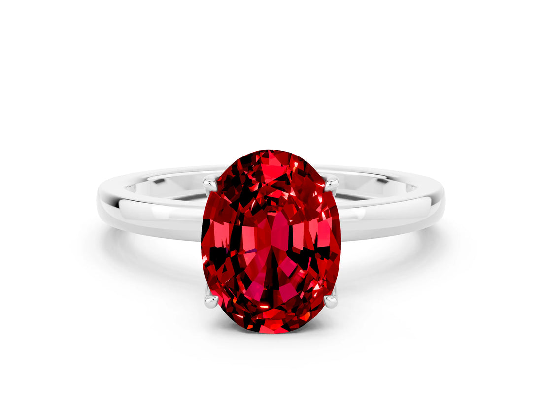 White gold Oval Cut Ruby Solitaire Ring with Thin Band and Prong Setting_12