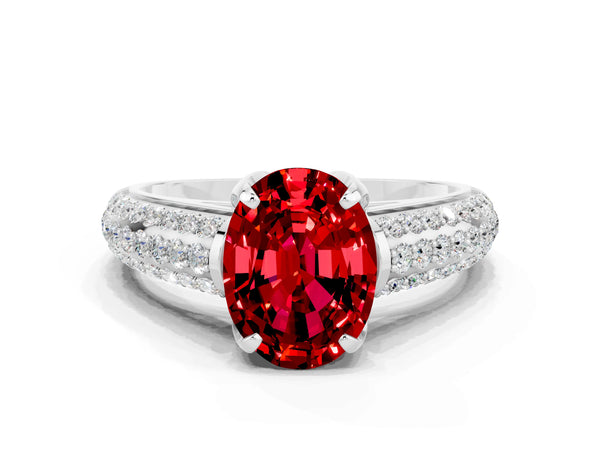 White gold Oval Cut Ruby Solitaire Ring with Three-Row Pavé Band and Four-Prong Setting