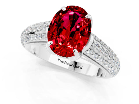 White gold Oval Cut Ruby Solitaire Ring with Three-Row Pavé Band and Four-Prong Setting_13