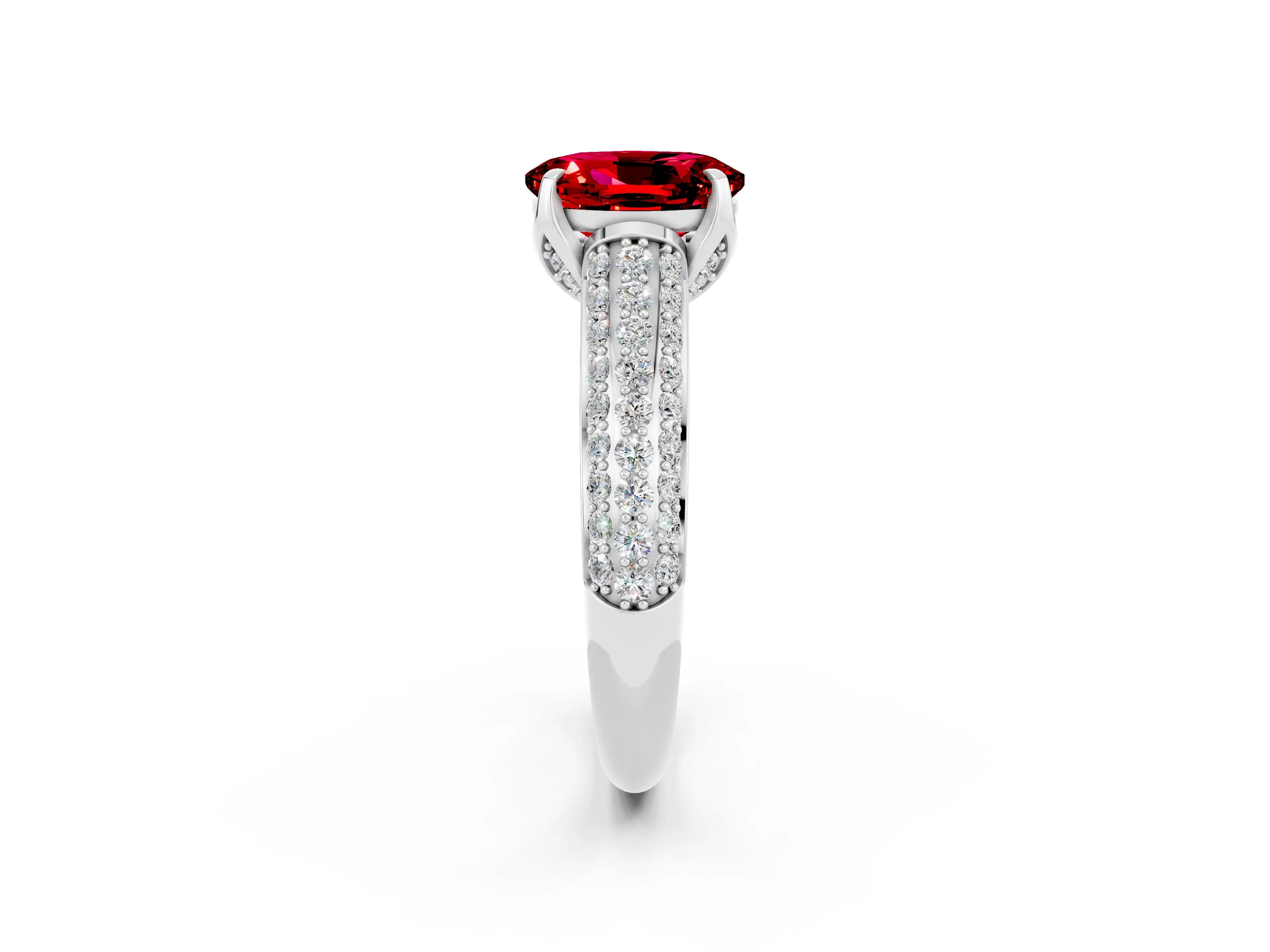 White gold Oval Cut Ruby Solitaire Ring with Three-Row Pavé Band and Four-Prong Setting_14