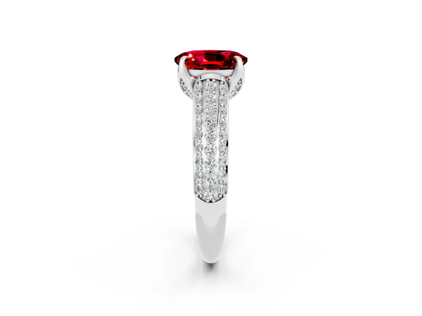 Silver Oval Cut Ruby Solitaire Ring with Three-Row Pavé Band and Four-Prong Setting