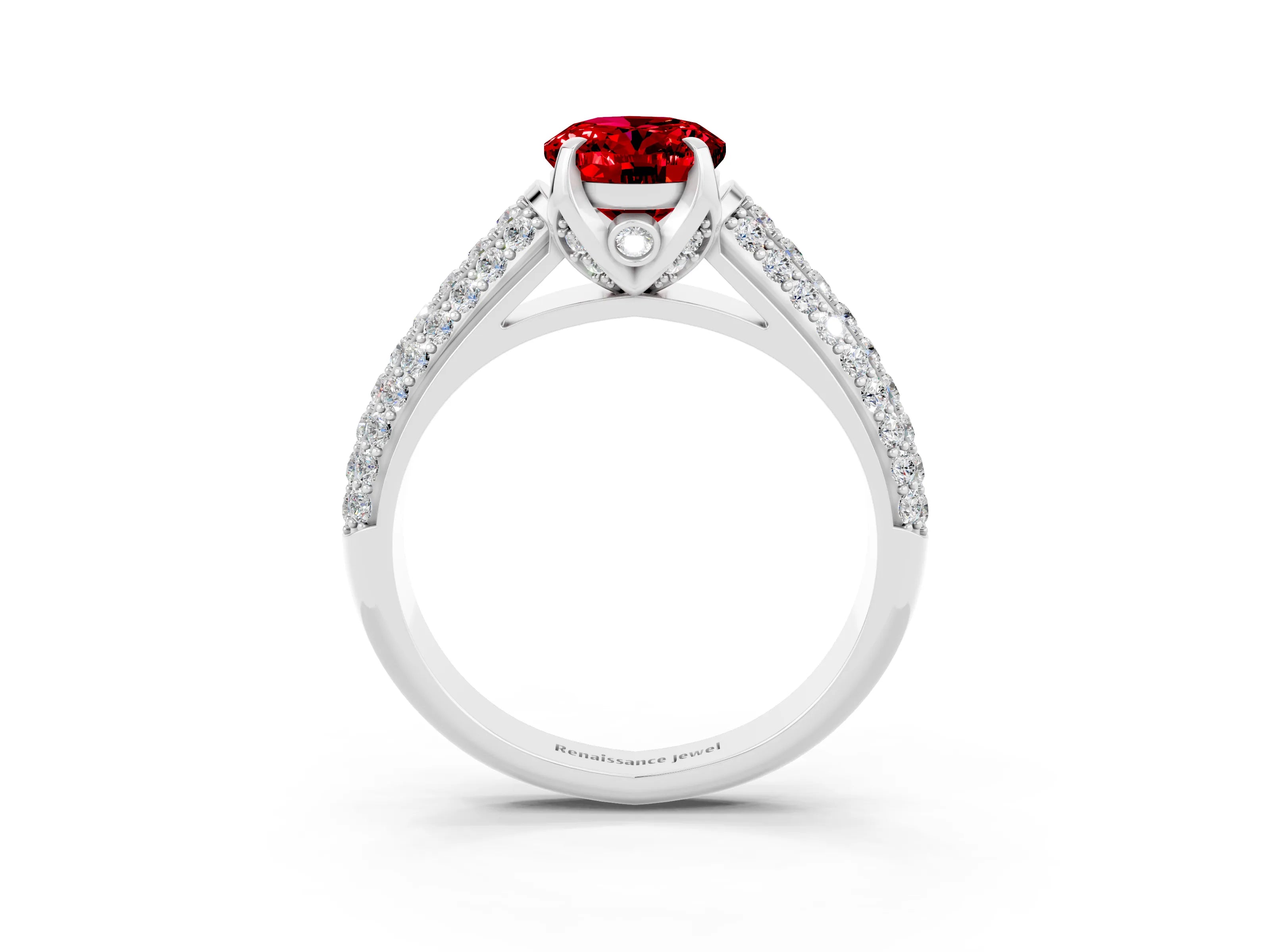 White gold Oval Cut Ruby Solitaire Ring with Three-Row Pavé Band and Four-Prong Setting_15