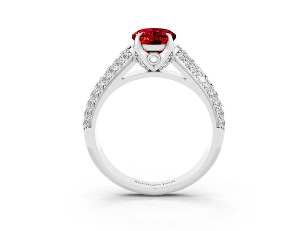 Platinum Oval Cut Ruby Solitaire Ring with Three-Row Pavé Band and Four-Prong Setting