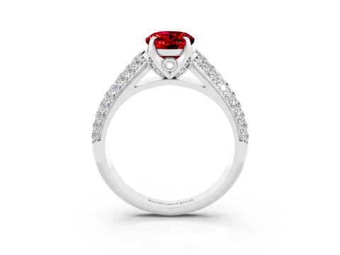 White gold Oval Cut Ruby Solitaire Ring with Three-Row Pavé Band and Four-Prong Setting_15