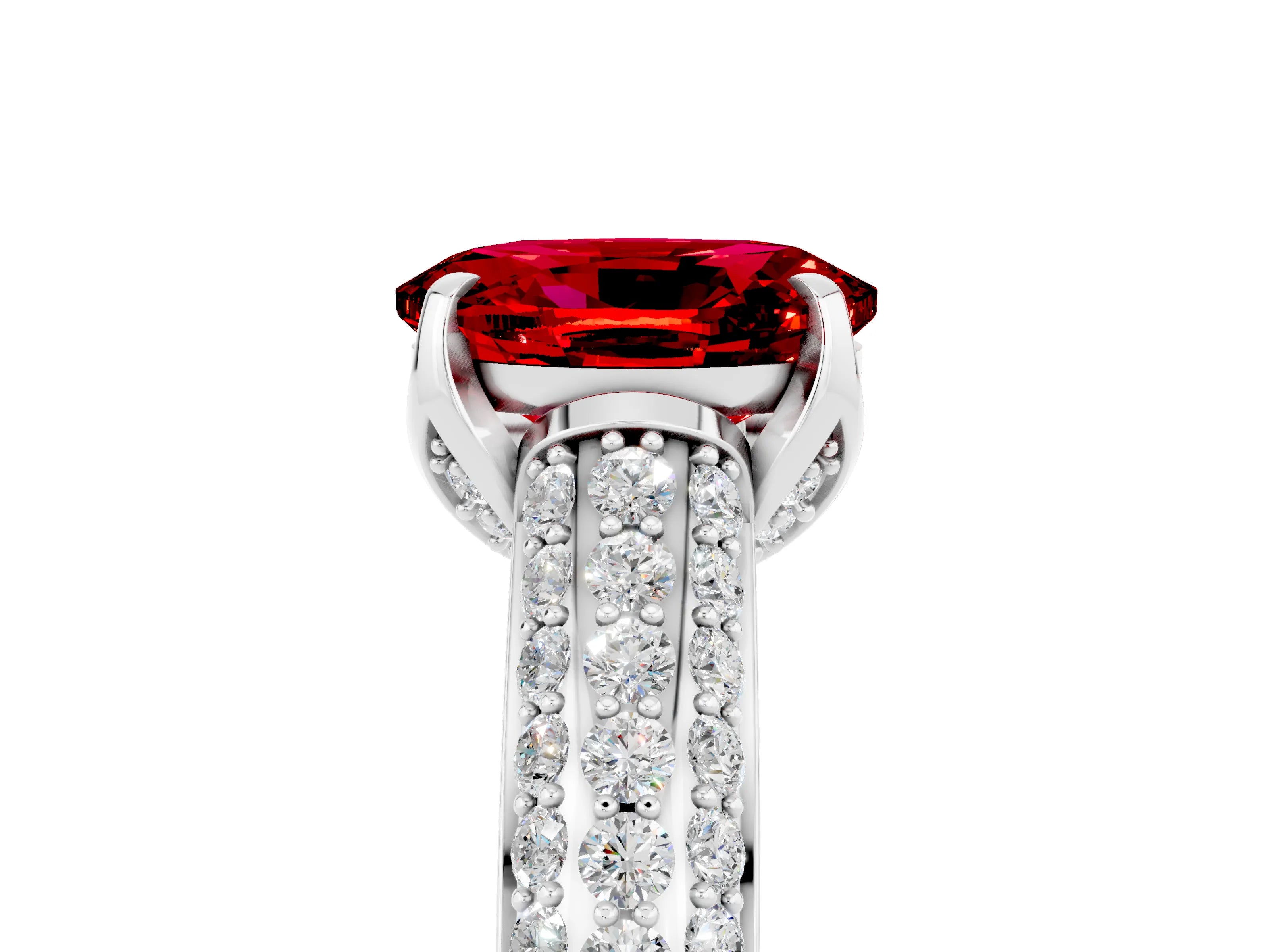 White gold Oval Cut Ruby Solitaire Ring with Three-Row Pavé Band and Four-Prong Setting_17