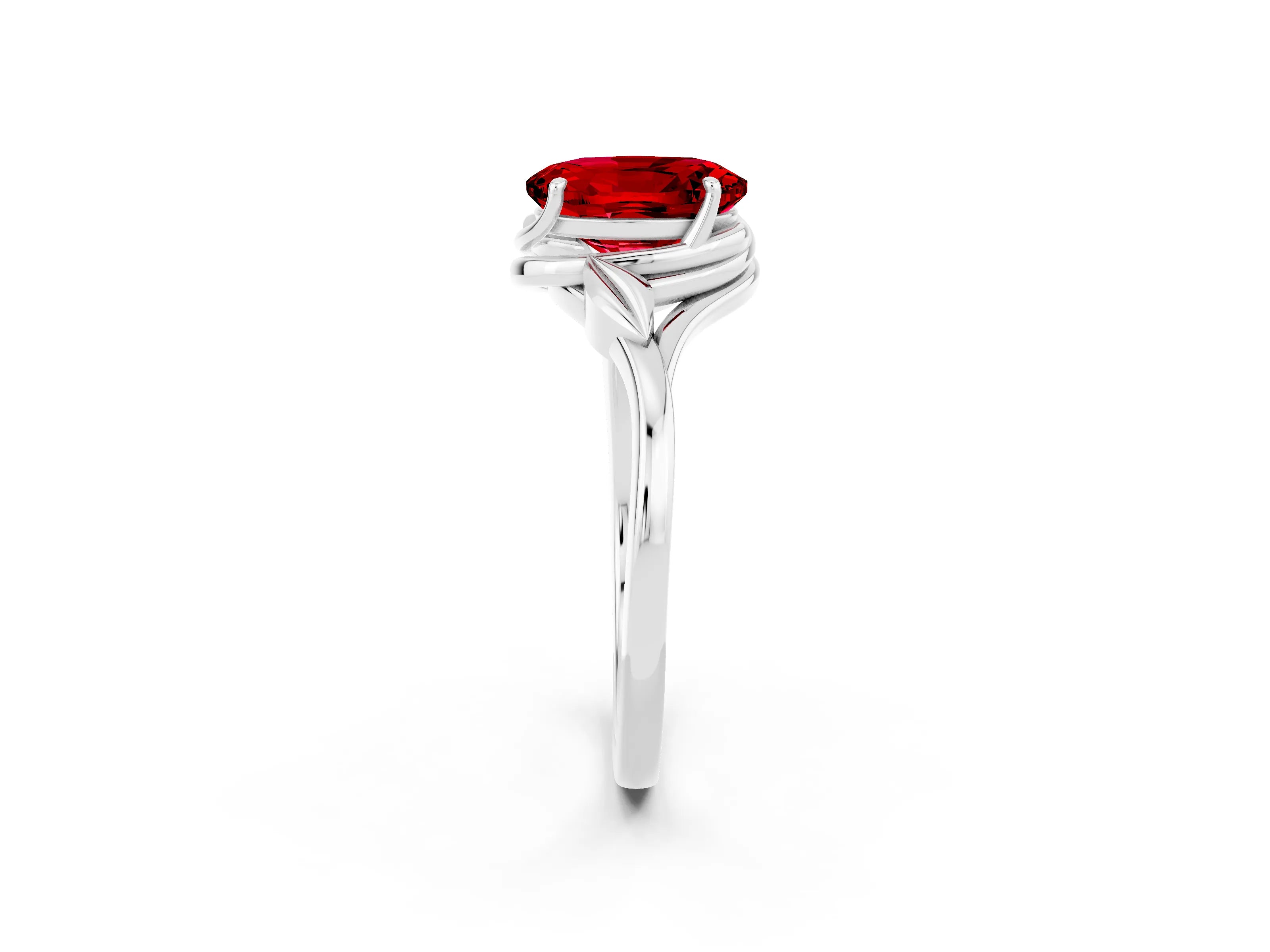 White gold Oval Cut Ruby Solitaire Ring with Twist Band and Four-Prong Setting_14