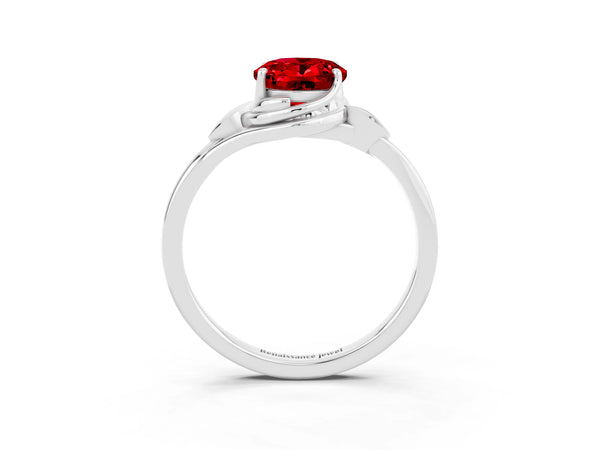 Platinum Oval Cut Ruby Solitaire Ring with Twist Band and Four-Prong Setting