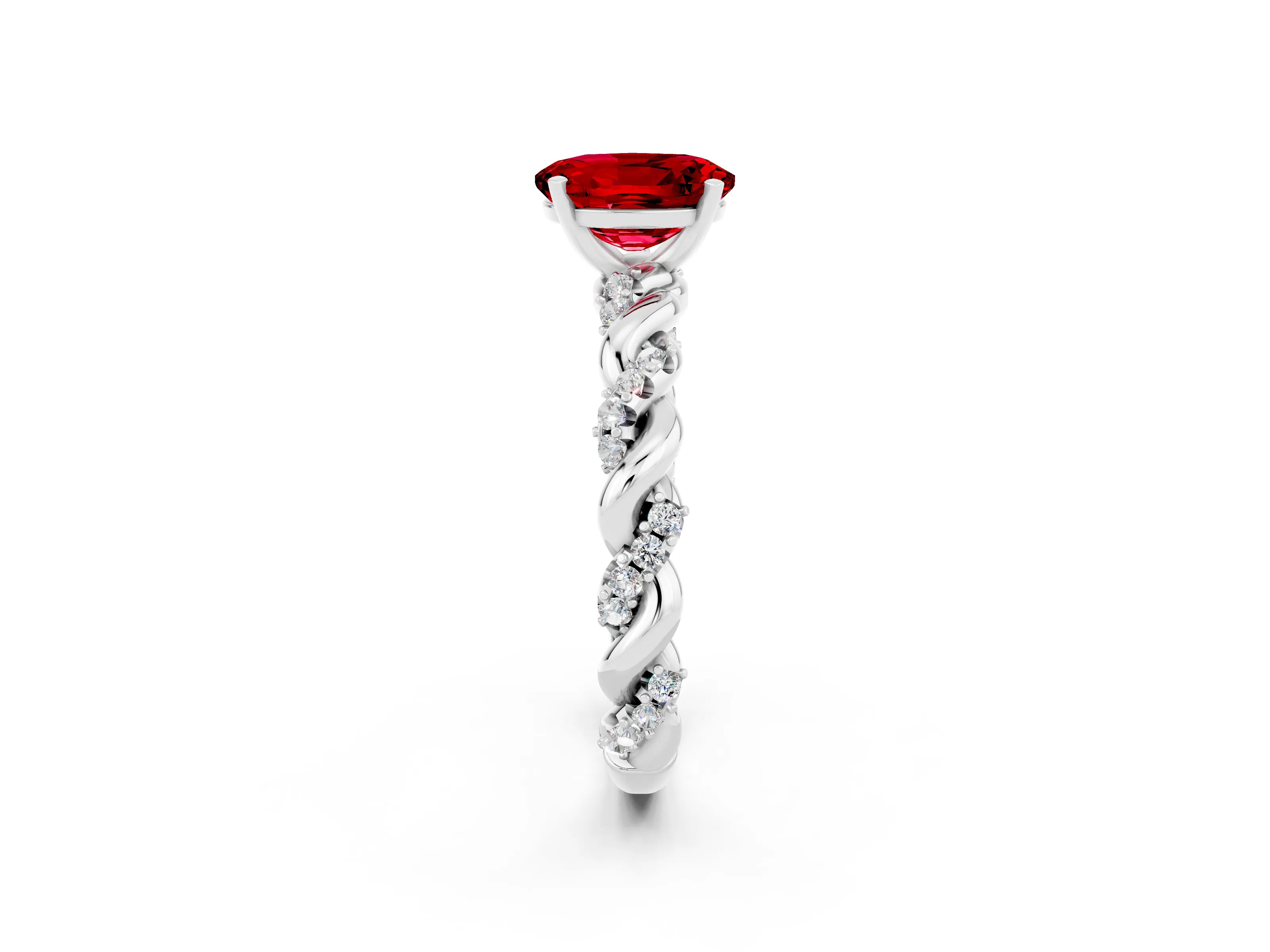White gold Oval Cut Ruby Solitaire Ring with Twisted Band and Pavé Accents_2