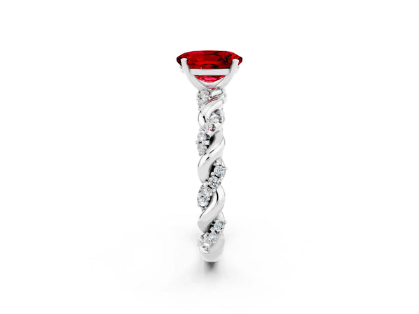 Silver Oval Cut Ruby Solitaire Ring with Twisted Band and Pavé Accents