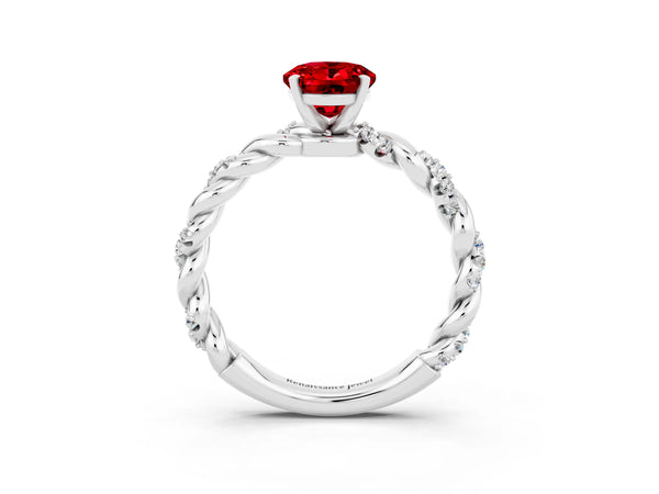 Silver Oval Cut Ruby Solitaire Ring with Twisted Band and Pavé Accents