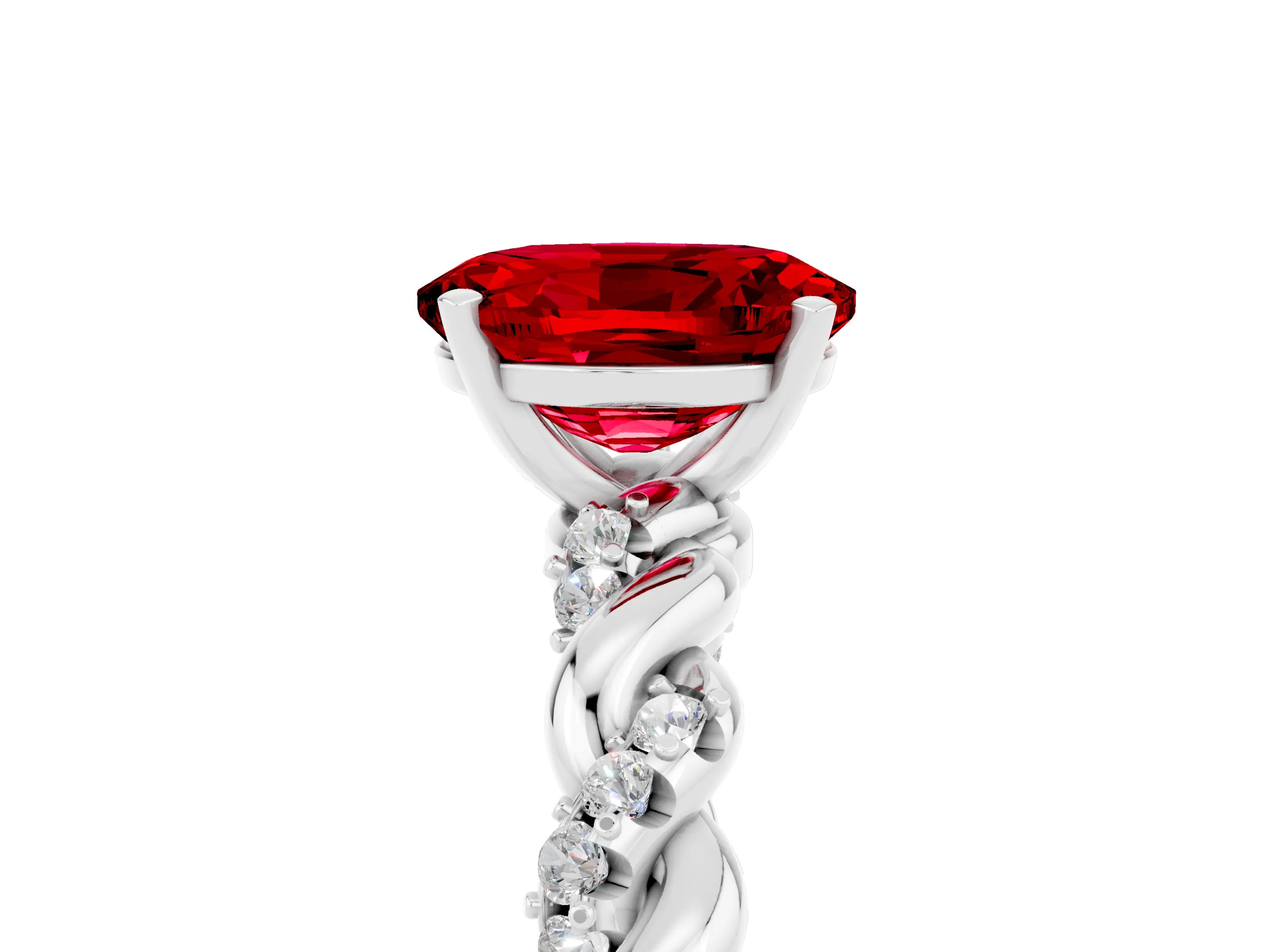 White gold Oval Cut Ruby Solitaire Ring with Twisted Band and Pavé Accents_5