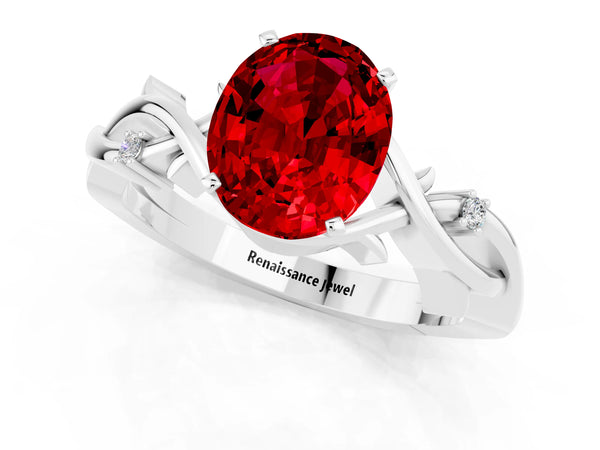 Platinum Oval Cut Ruby Solitaire Ring with Twisted Band and Prong Setting