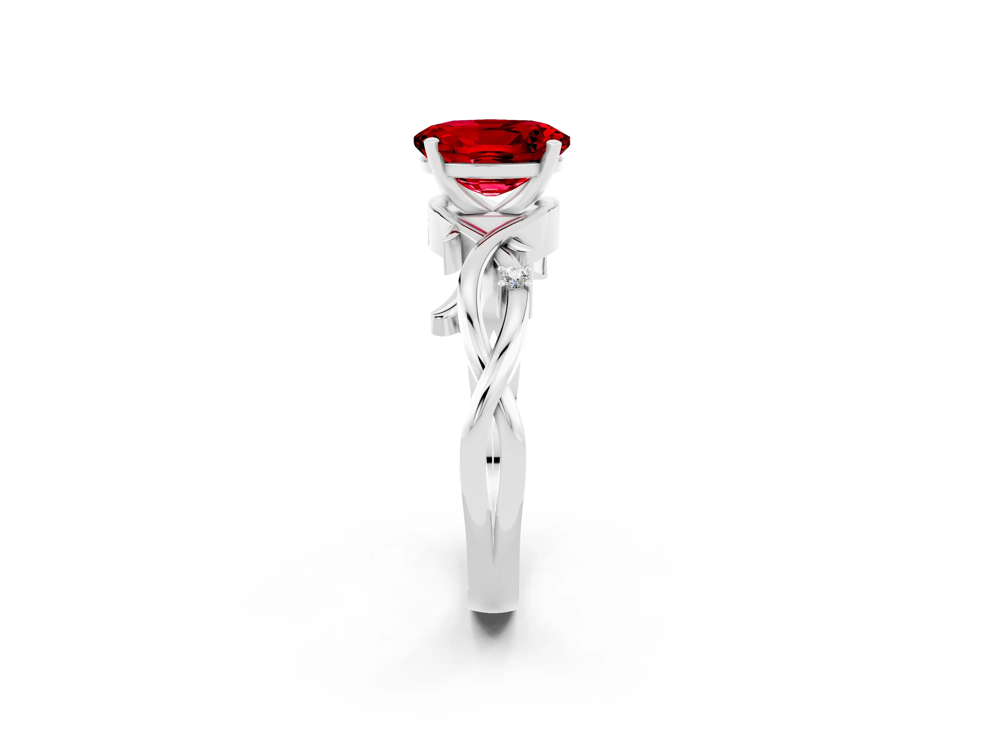 White gold Oval Cut Ruby Solitaire Ring with Twisted Band and Prong Setting_2