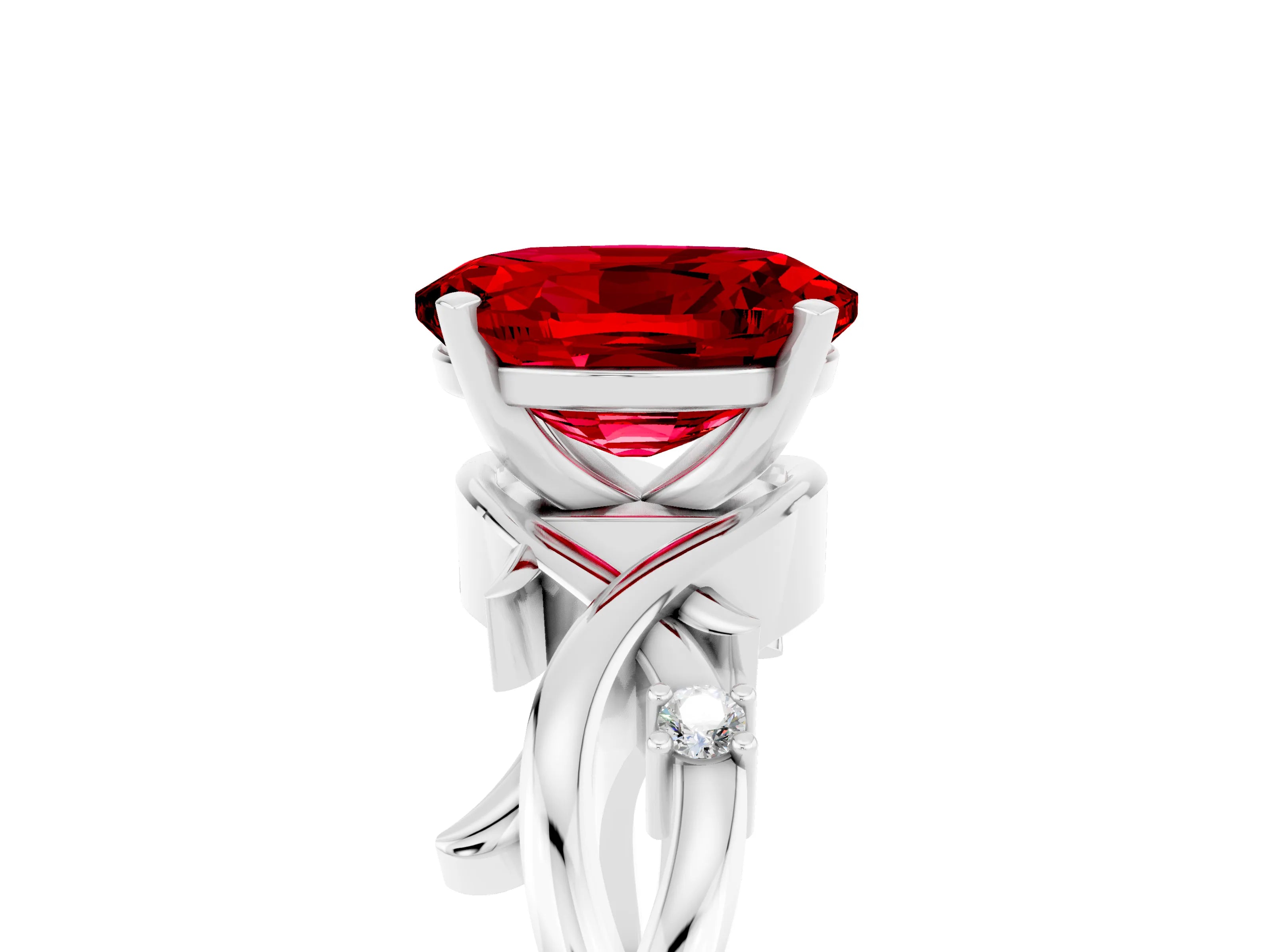 White gold Oval Cut Ruby Solitaire Ring with Twisted Band and Prong Setting_5