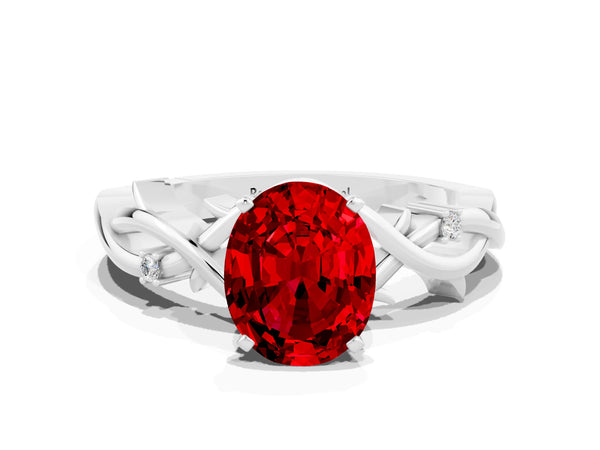 Silver Oval Cut Ruby Solitaire Ring with Twisted Band and Prong Setting