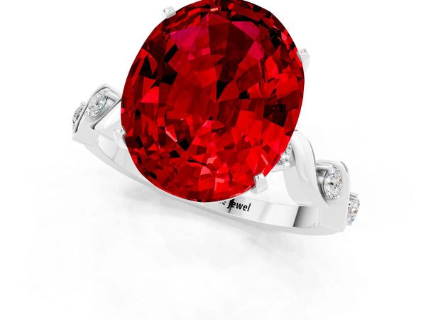 Platinum Oval Cut Ruby Solitaire Twisted Band with Round  Accents and Prong Setting