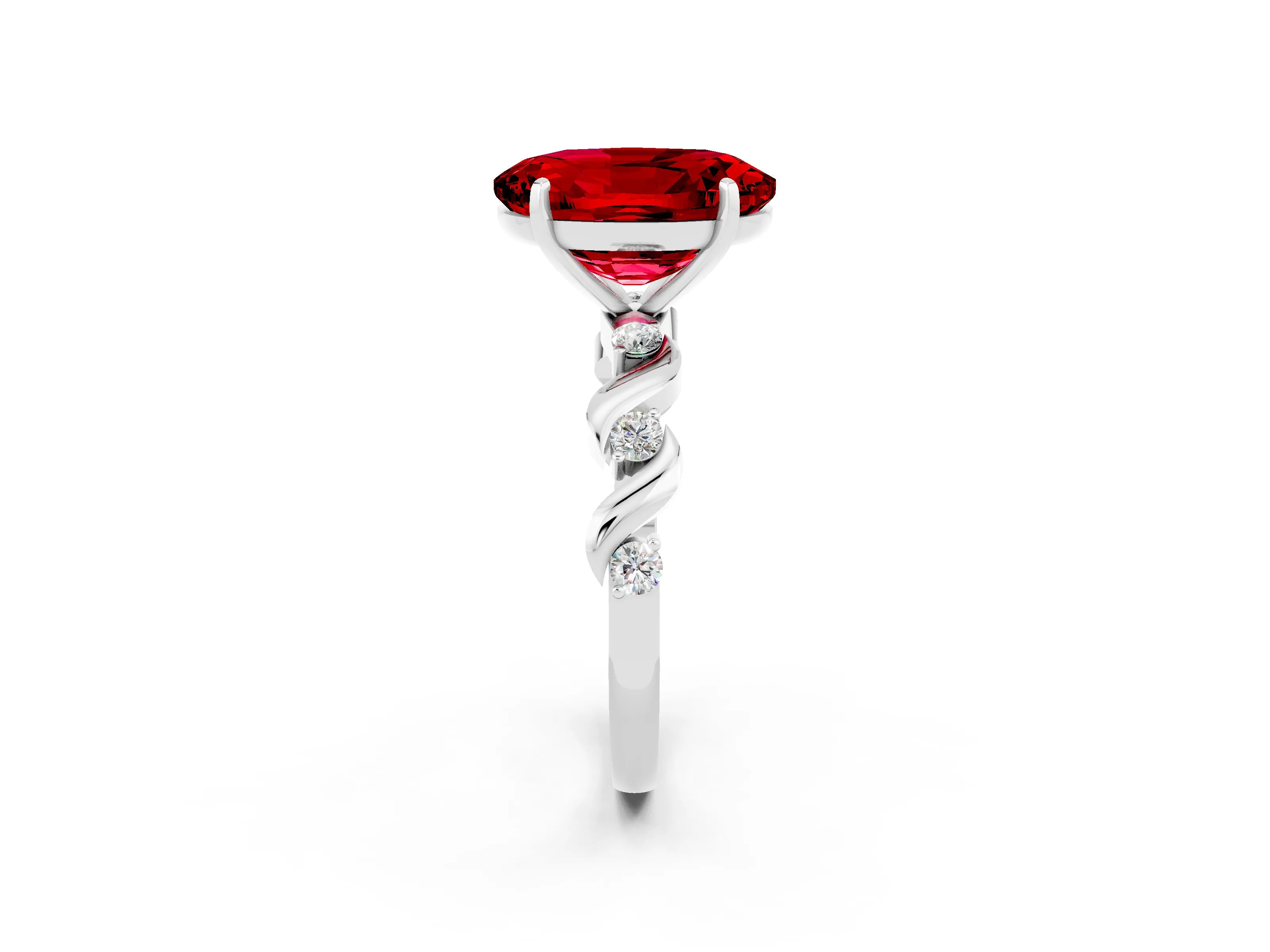White gold Oval Cut Ruby Solitaire Twisted Band with Round  Accents and Prong Setting_14