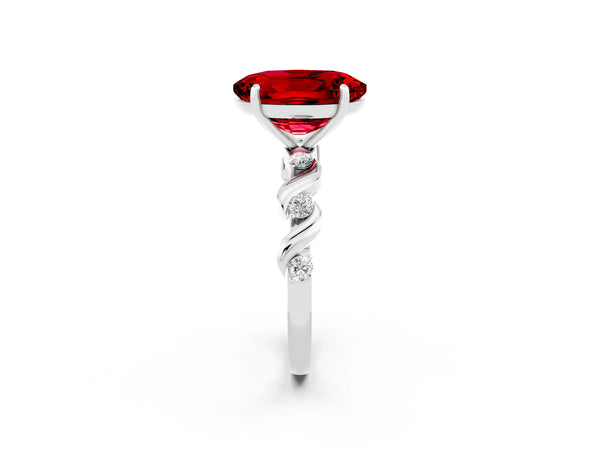 Platinum Oval Cut Ruby Solitaire Twisted Band with Round  Accents and Prong Setting