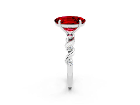 White gold Oval Cut Ruby Solitaire Twisted Band with Round  Accents and Prong Setting_14