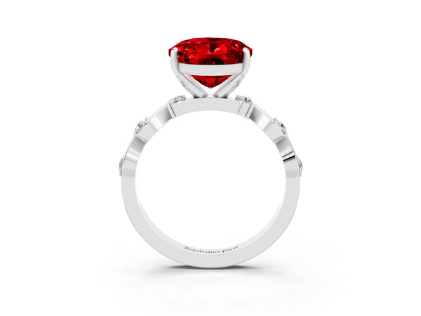 Silver Oval Cut Ruby Solitaire Twisted Band with Round  Accents and Prong Setting